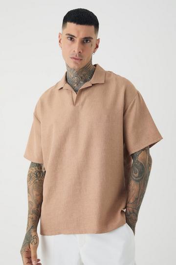 Tall Oversized Linen Revere Polo In Taupe taupe