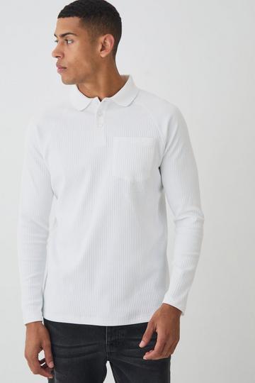 White Long Sleeve Rib Pocket Polo