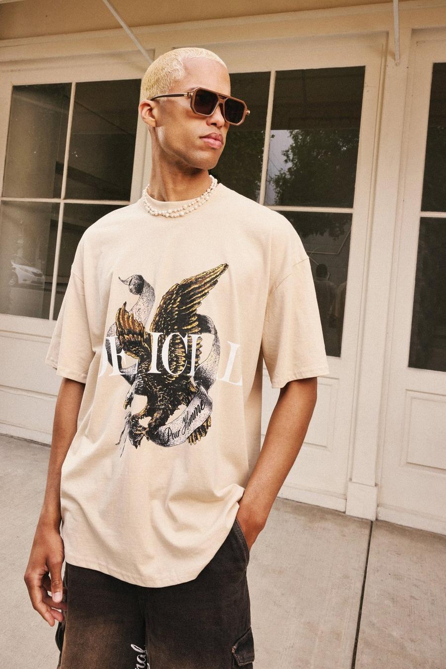 Sand Oversized Extended Neck Heavyweight Official Bird Graphic T-shirt image number 1