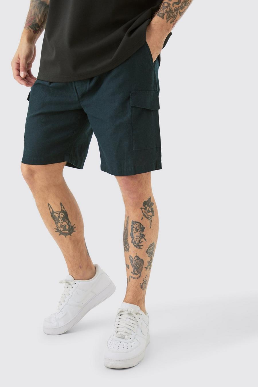 Leinen Cargo-Shorts mit elastischem Bund, Navy