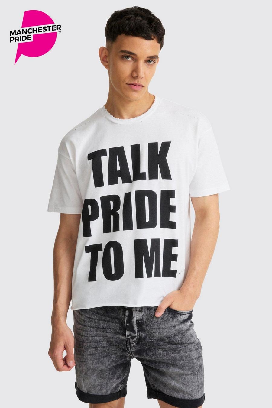 T-shirt squadrata con slogan Pride To Me effetto smagliato, White