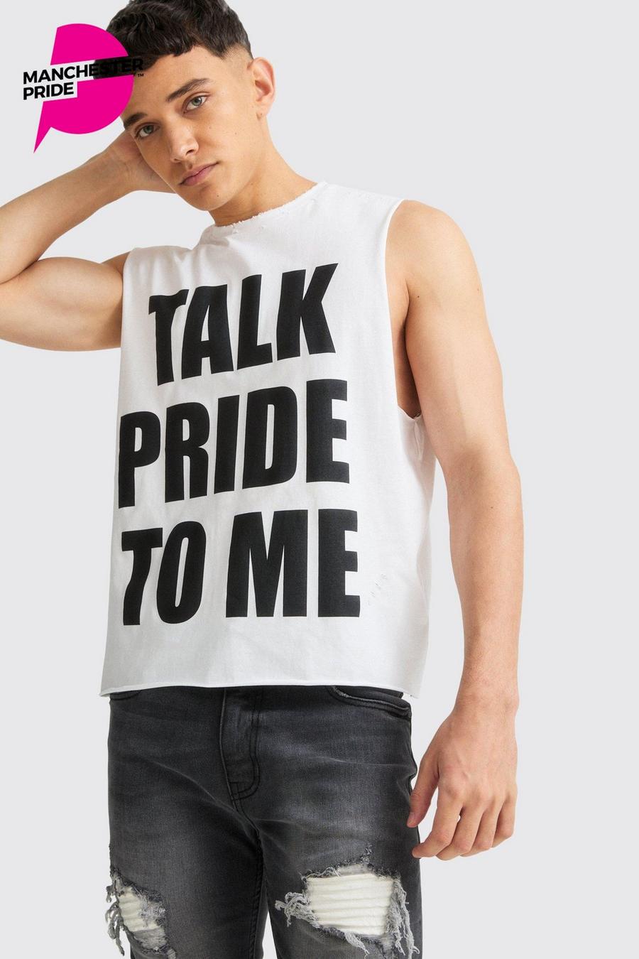 Débardeur oversize déchiré à slogan Talk Pride To Me - Pride, White