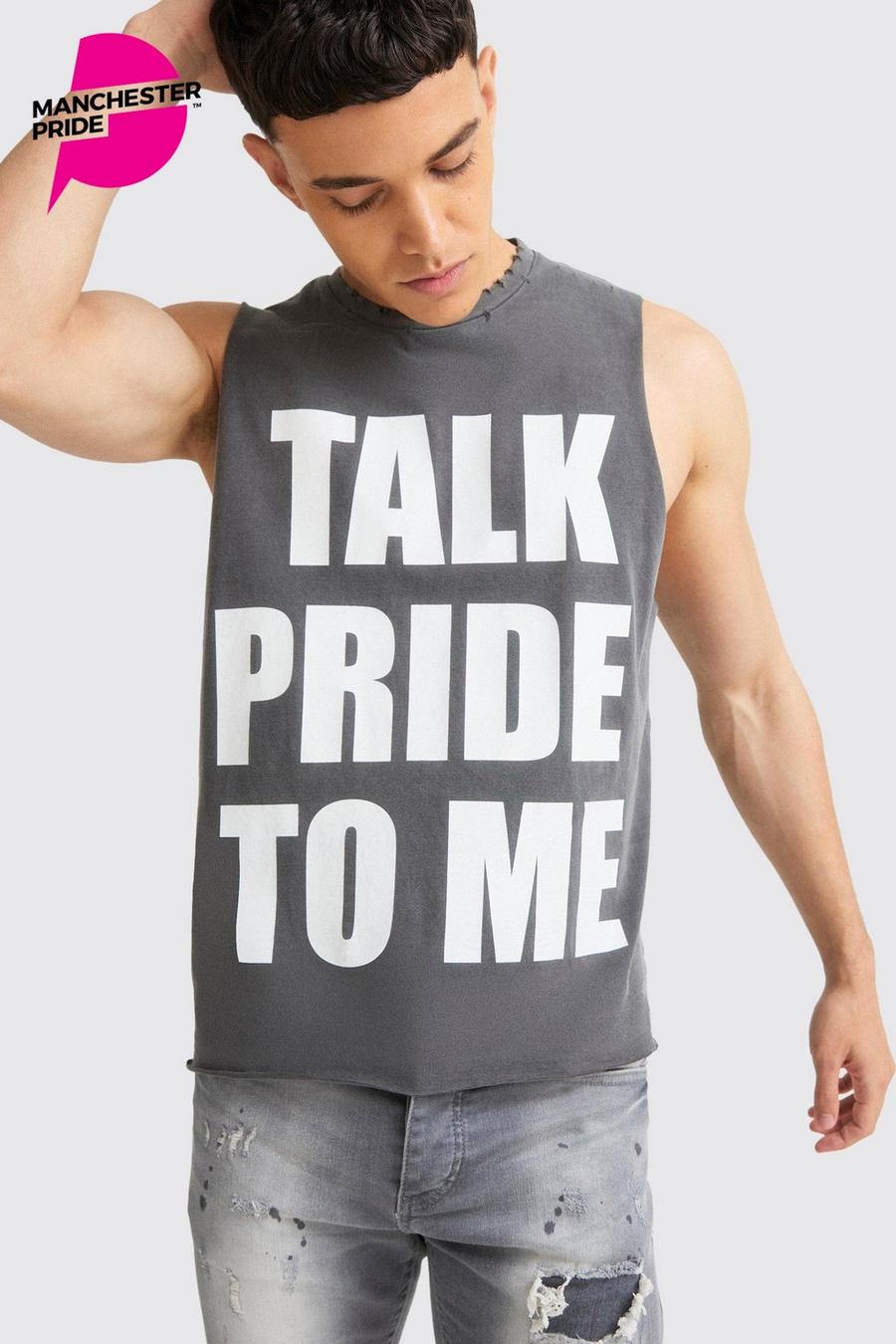 Débardeur oversize déchiré à slogan Talk Pride To Me - Pride, Charcoal