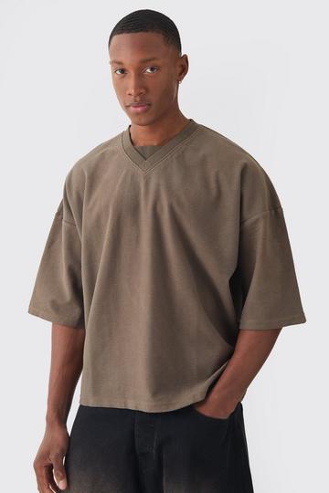 Oversized Boxy V Neck Reverse Loopback T-shirt dark tan