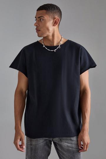 Black Oversized Cap Sleeve Boat Neck Loopback T-Shirt