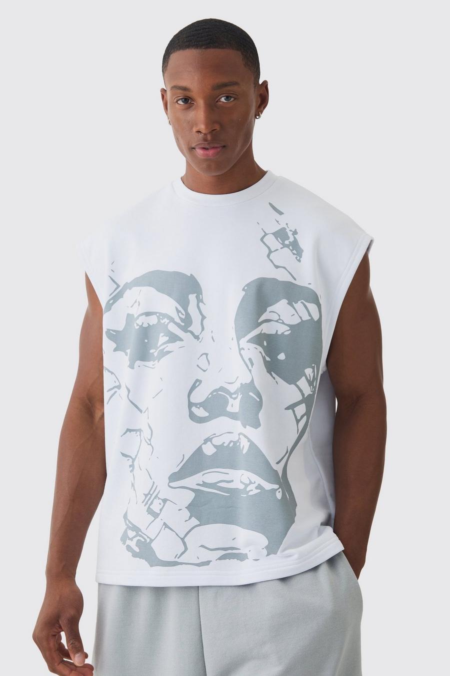 White Oversized Boxy Reverse Loopback Face Graphic Print Tank image number 1