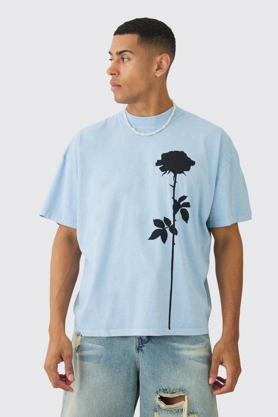 Blue Oversized Boxy Floral Drawing Wash T-shirt