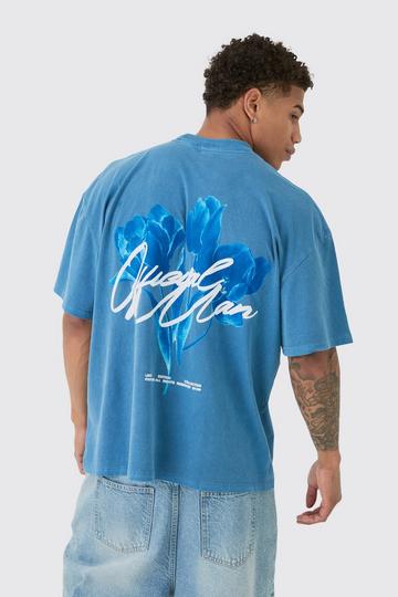 Oversized Washed Tonal Floral Graphic T-Shirt blue