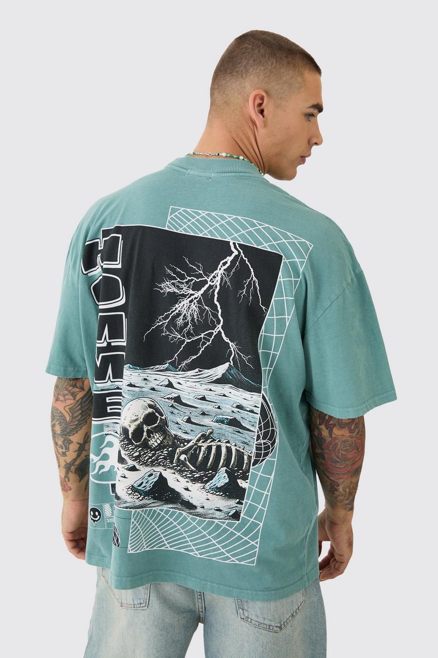 Khaki Oversized Skeleton Space Back Print T-shirt image number 1