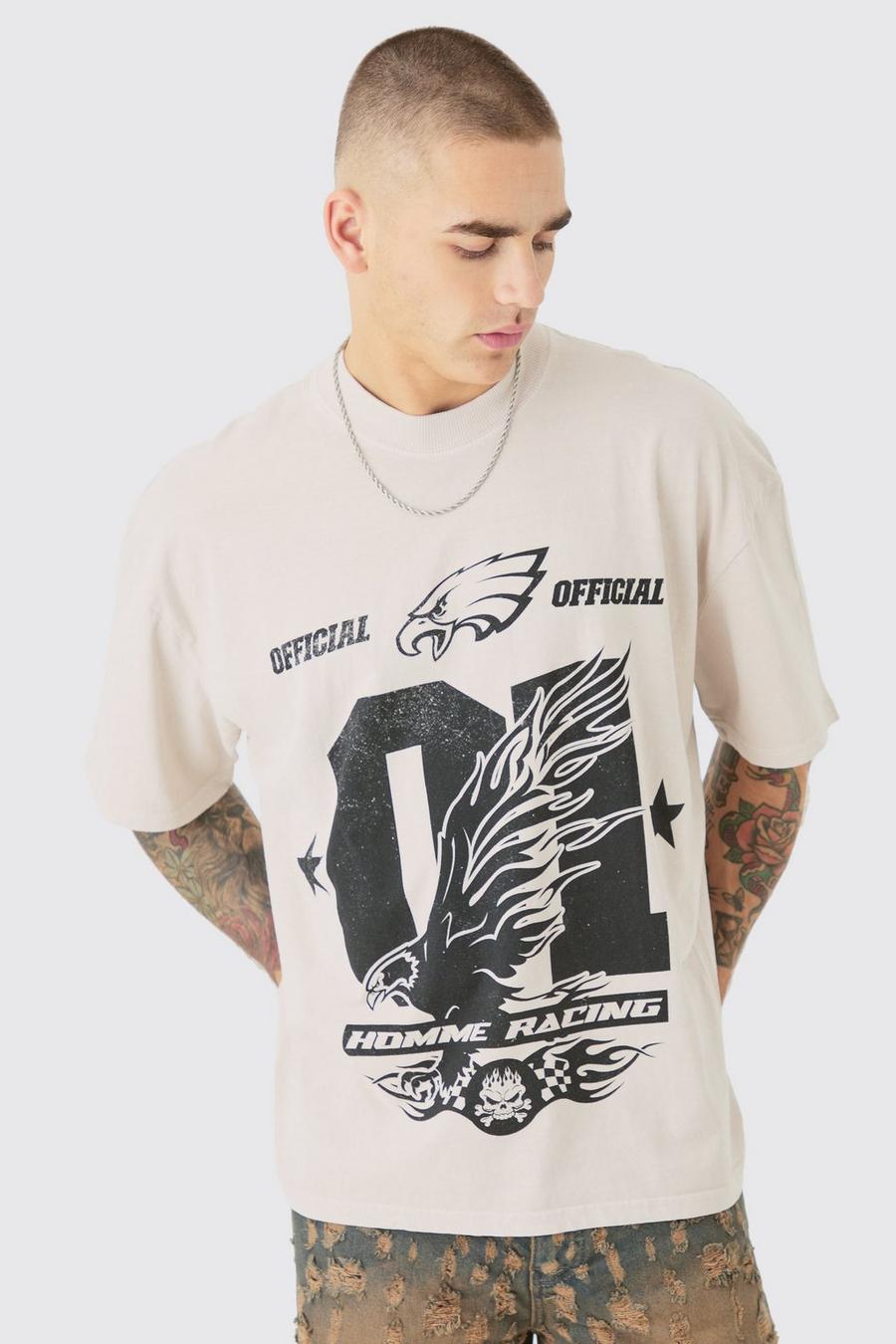 Camiseta oversize con estampado universitario desteñido y estampado de águila, Stone