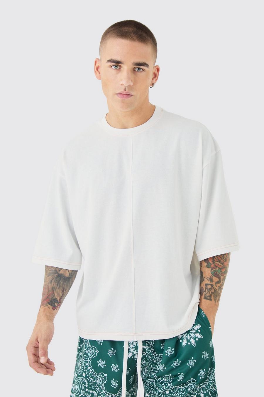 Camiseta oversize recta con costuras en contraste y media manga, Ecru