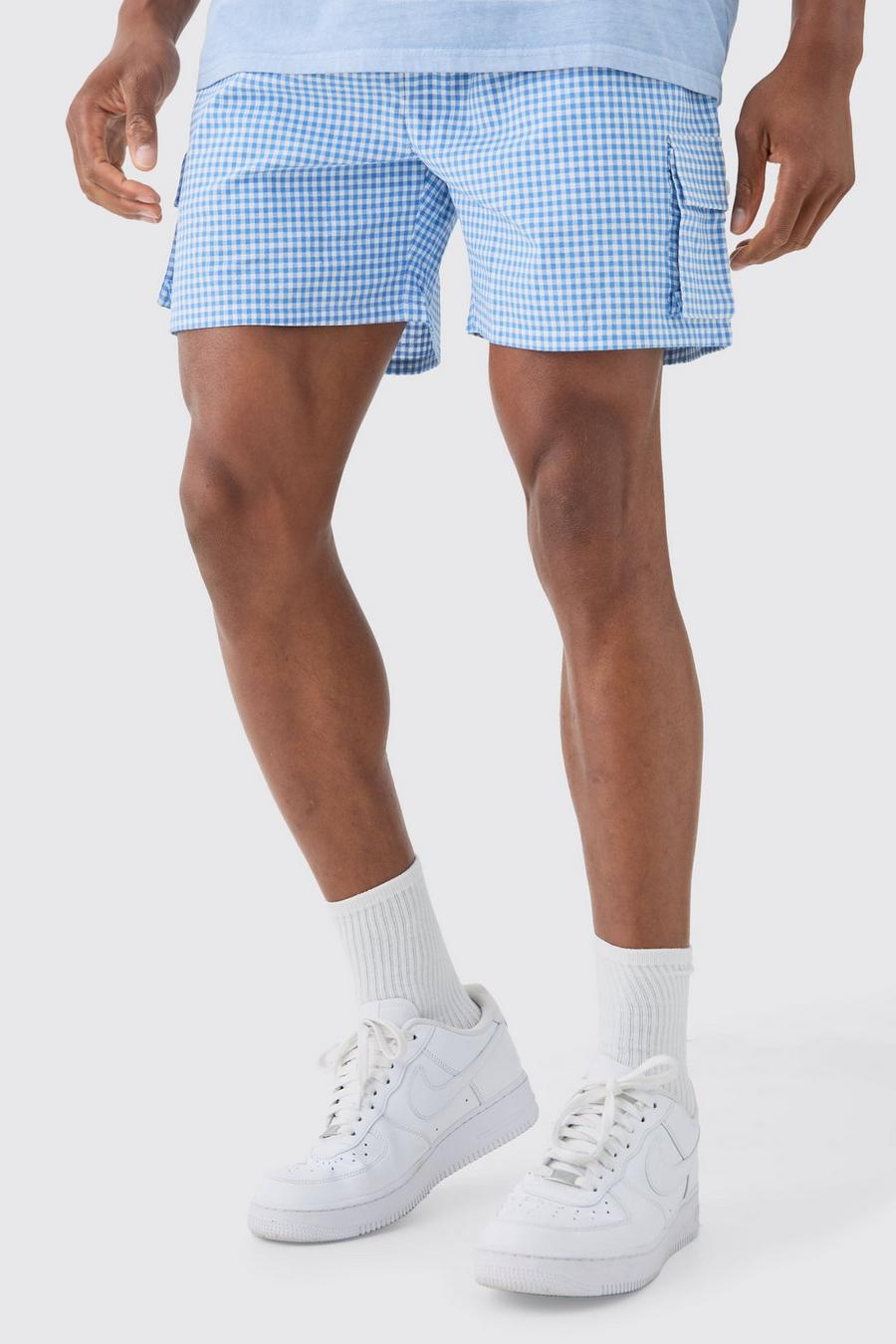 Elasticated Waist Gingham Check Linen Look Relaxed Short In Blue