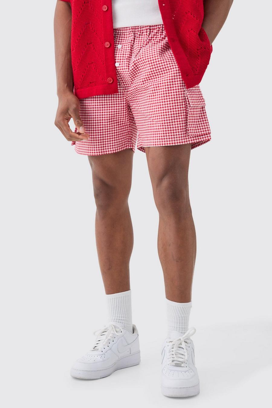 Elasticated Waist Gingham Check Linen Look Relaxed Short In Red image number 1