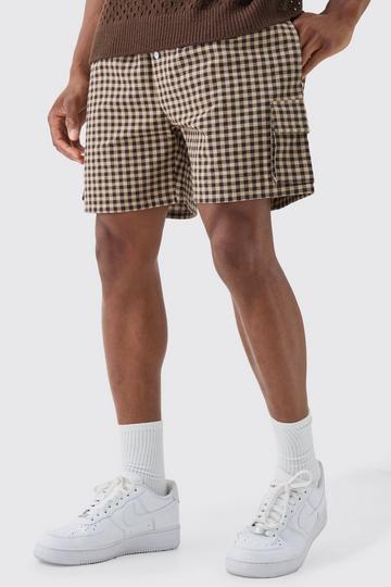 Elasticated Waist Gingham Check Linen Look Relaxed Short In Brown brown