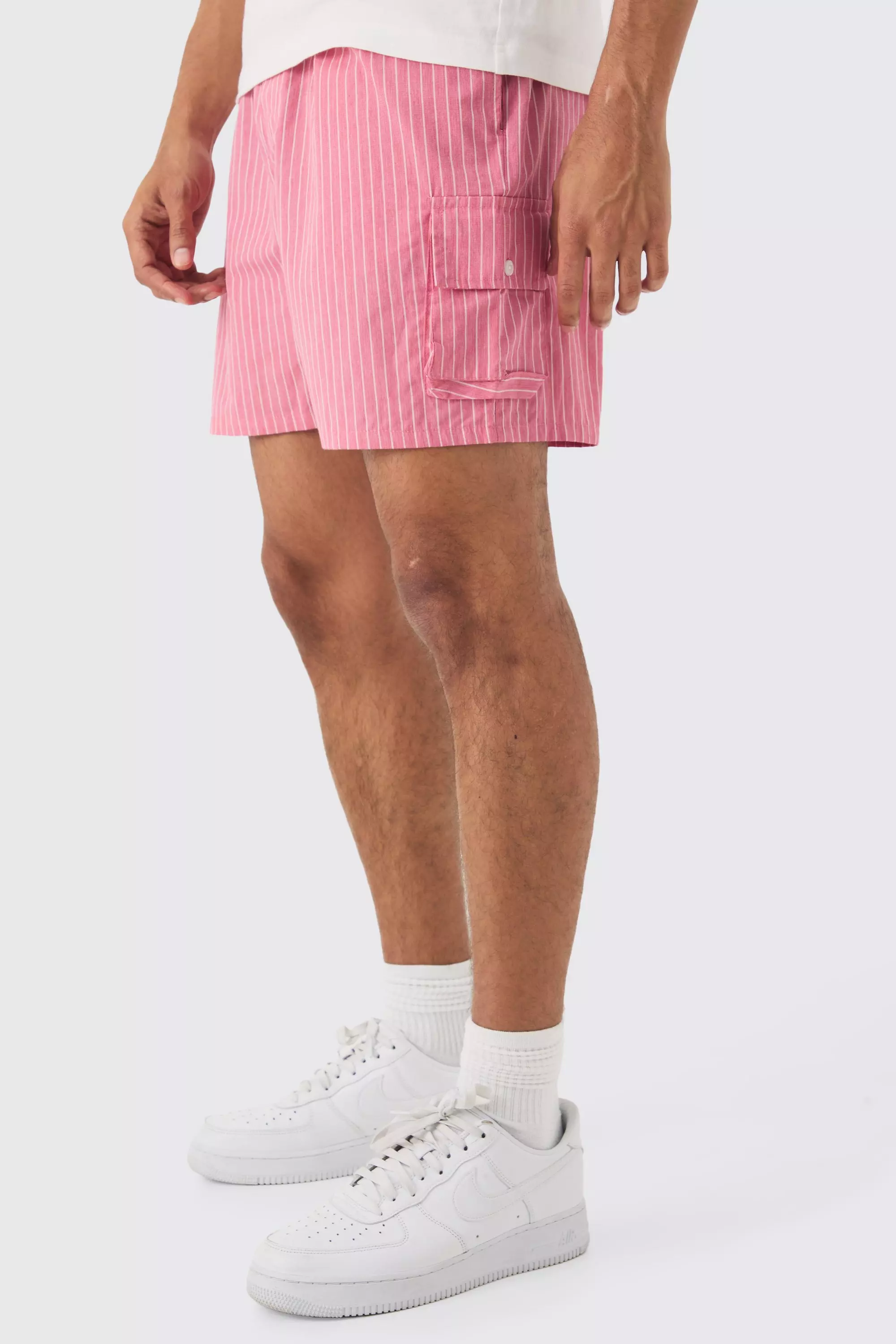 Elasticated Waist Pinstripe Linen Look Short In Red alternative image