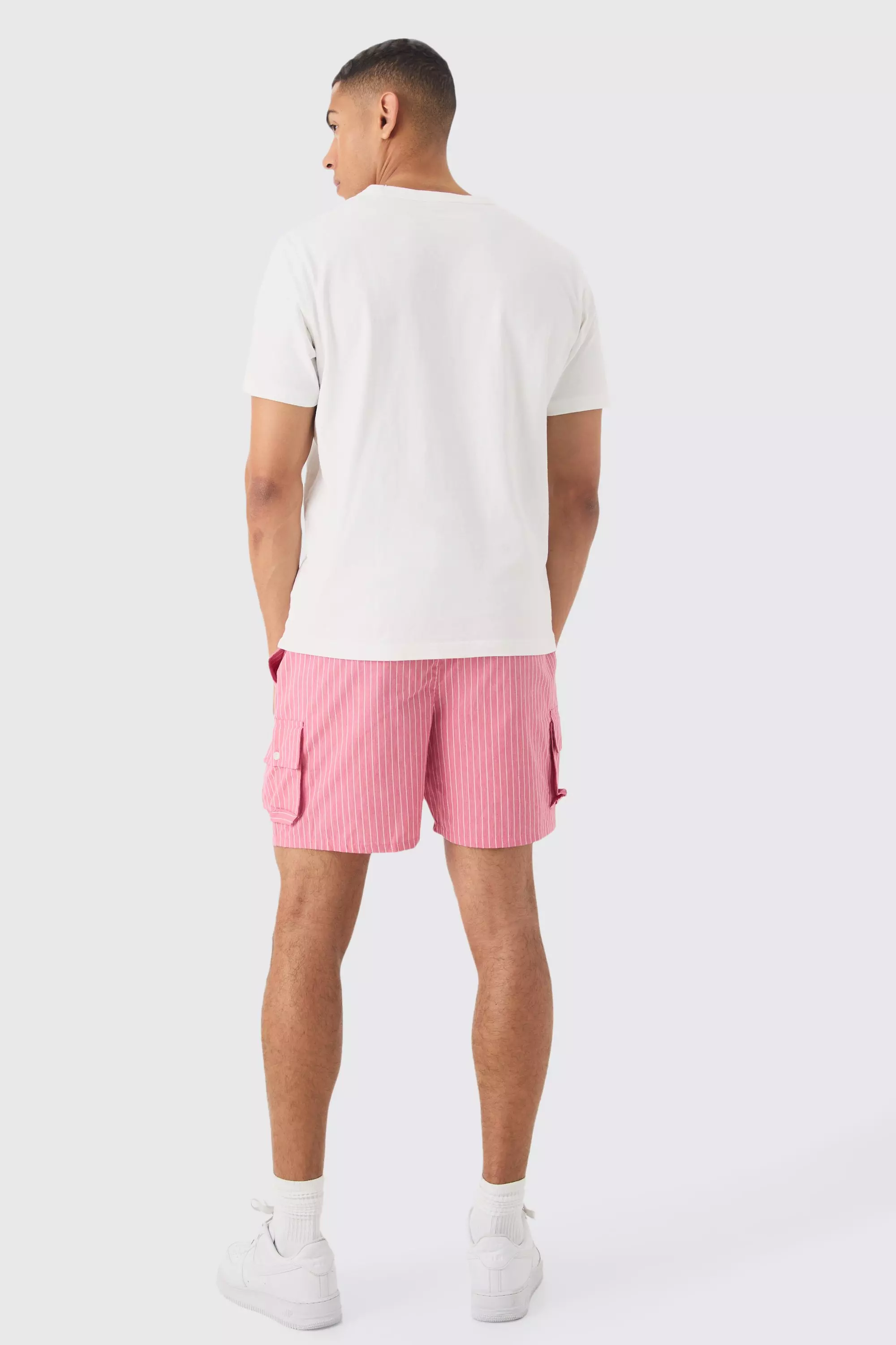 Elasticated Waist Pinstripe Linen Look Short In Red alternative image