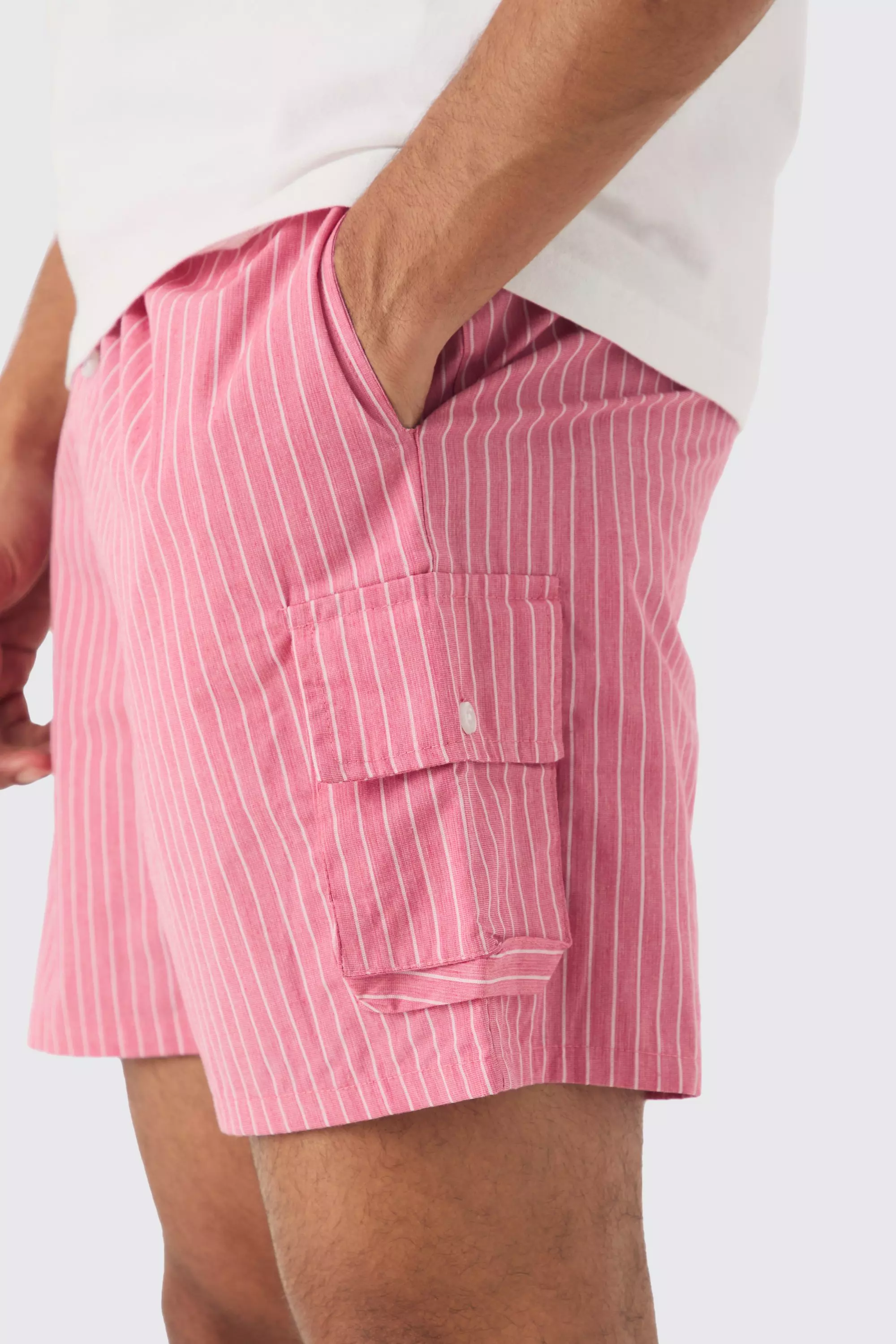 Elasticated Waist Pinstripe Linen Look Short In Red alternative image