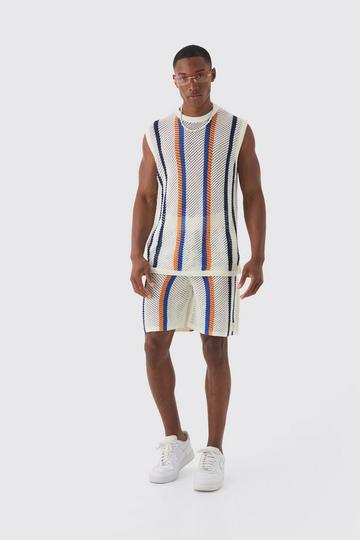 Oversized Open Stitch Stripe Knitted Tank Set stone