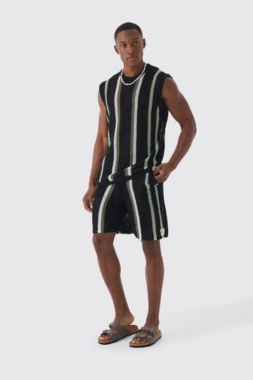 Oversized Open Stitch Stripe Knitted Tank Set black