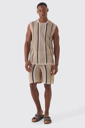 Oversized Open Stitch Stripe Knitted Tank Set taupe