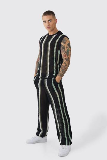 Oversized Open Stitch Stripe Knitted Tank & Pants Set black