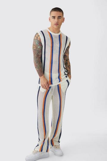 Oversized Open Stitch Stripe Knitted Tank & Pants Set stone