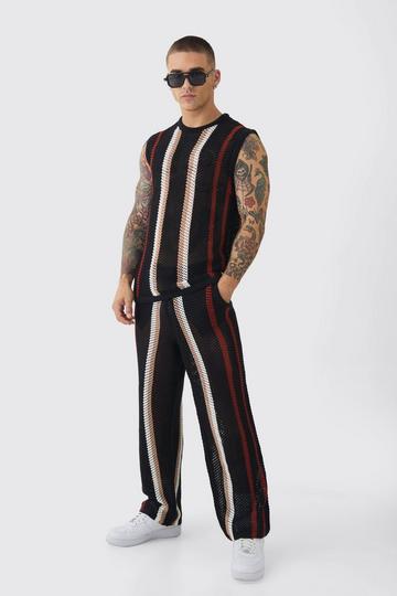 Oversized Open Stitch Stripe Knitted Tank & Pants Set black