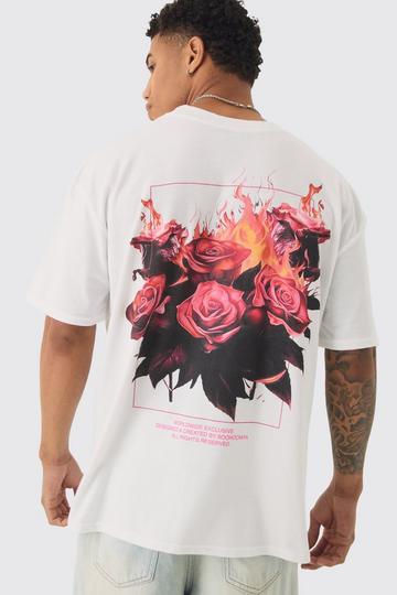 Oversized Extended Neck Rose Flame Distressed Back Graphic T-Shirt white