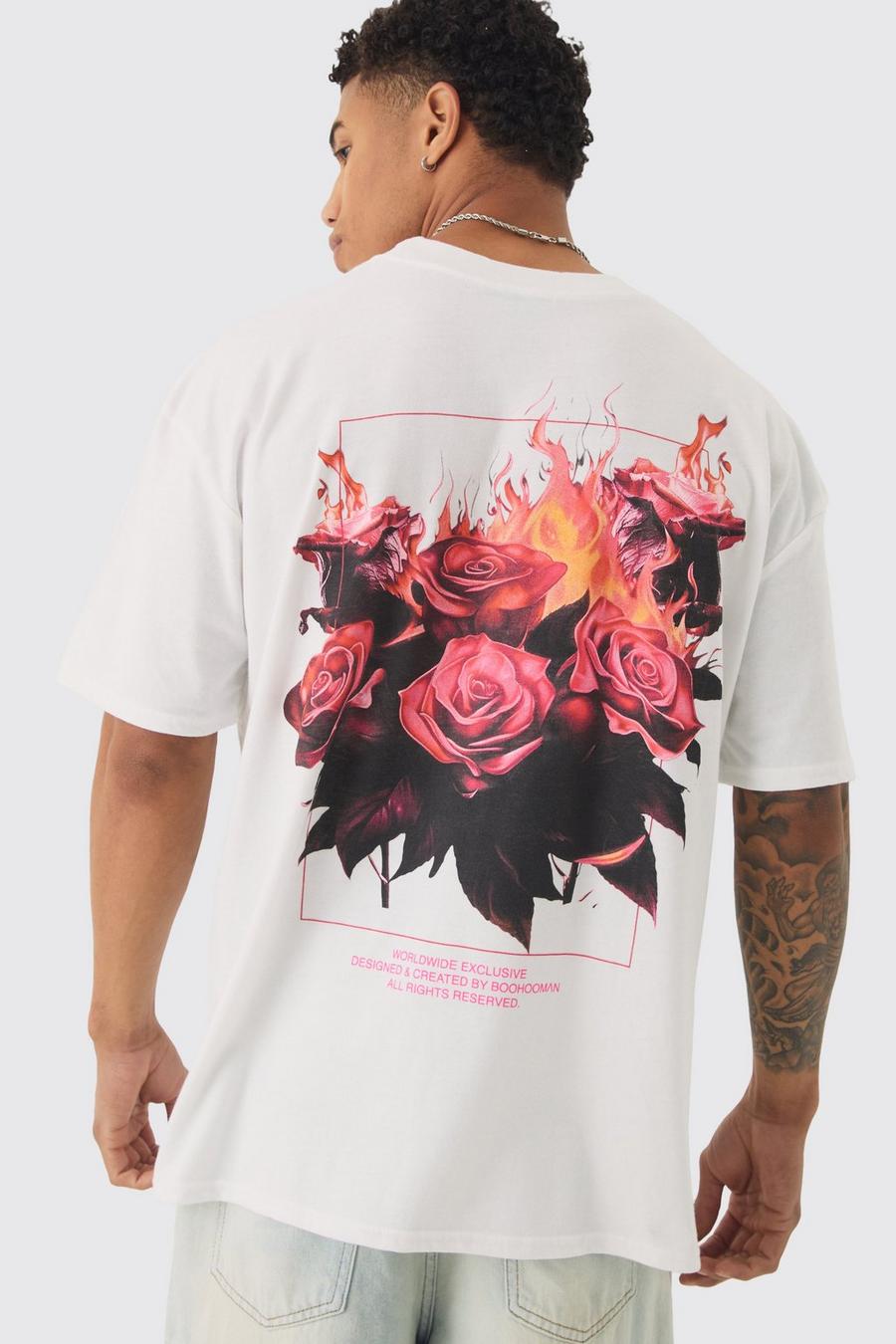 White Oversized  Extended Neck Rose Flame Distressed Back Print T-shirt
