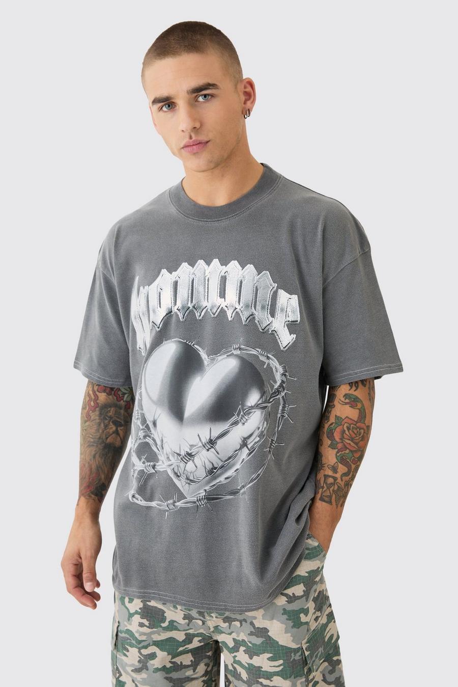 T-shirt oversize slavata con grafica di cuori gotici, Charcoal
