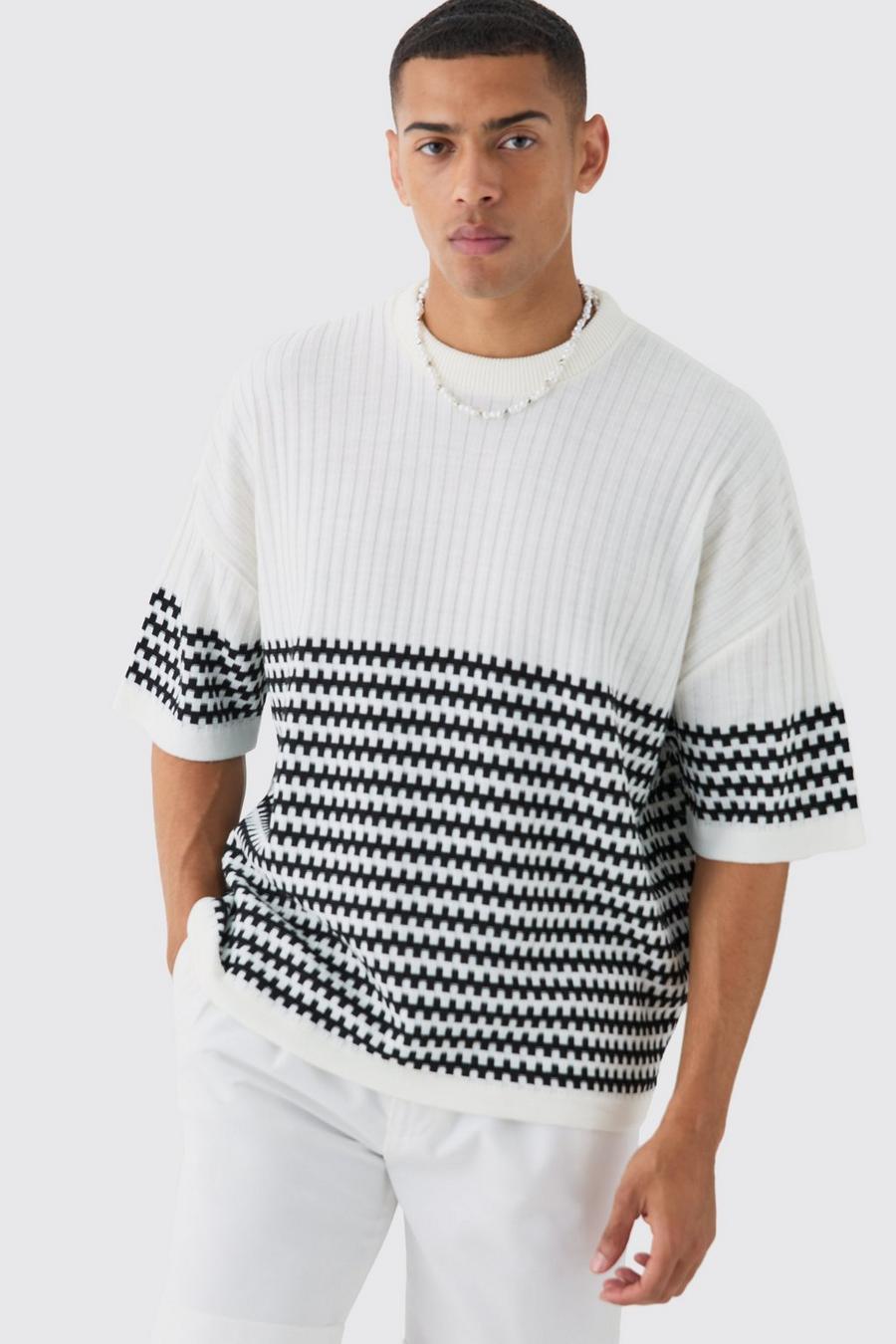 White Oversized Stripe Knitted T-shirt image number 1