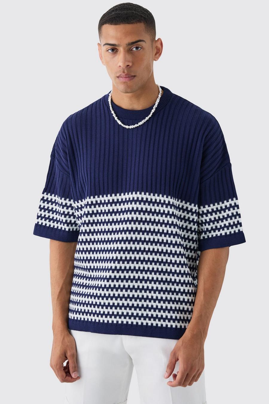Navy Oversized Stripe Knitted T-shirt image number 1