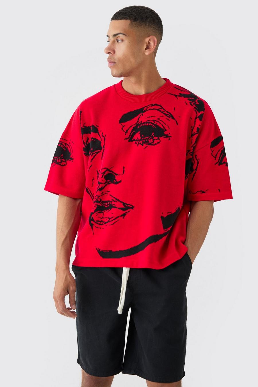 Red Oversized Line Drawing Knitted T-shirt  image number 1