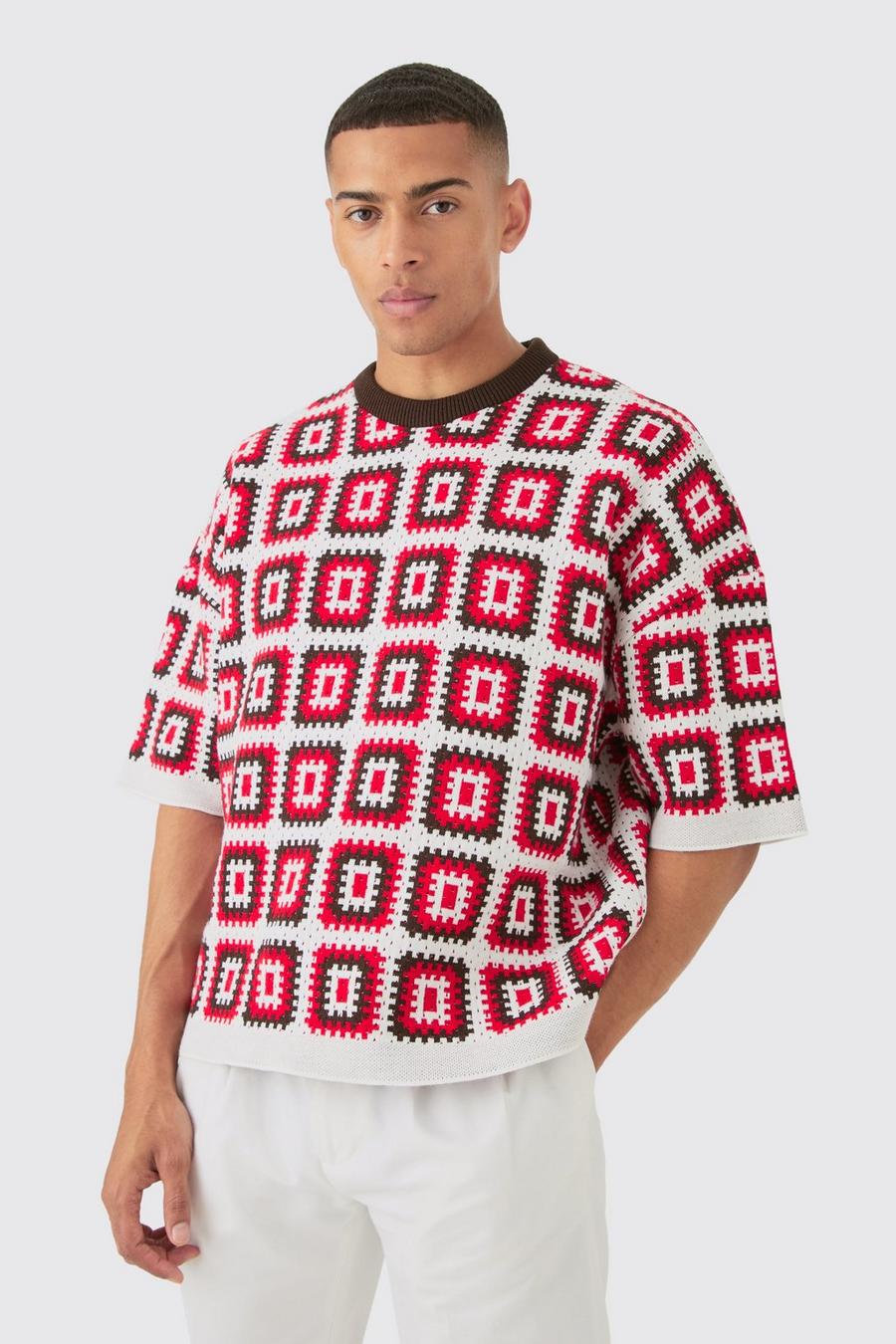 Red Oversized Crochet Knit T-shirt