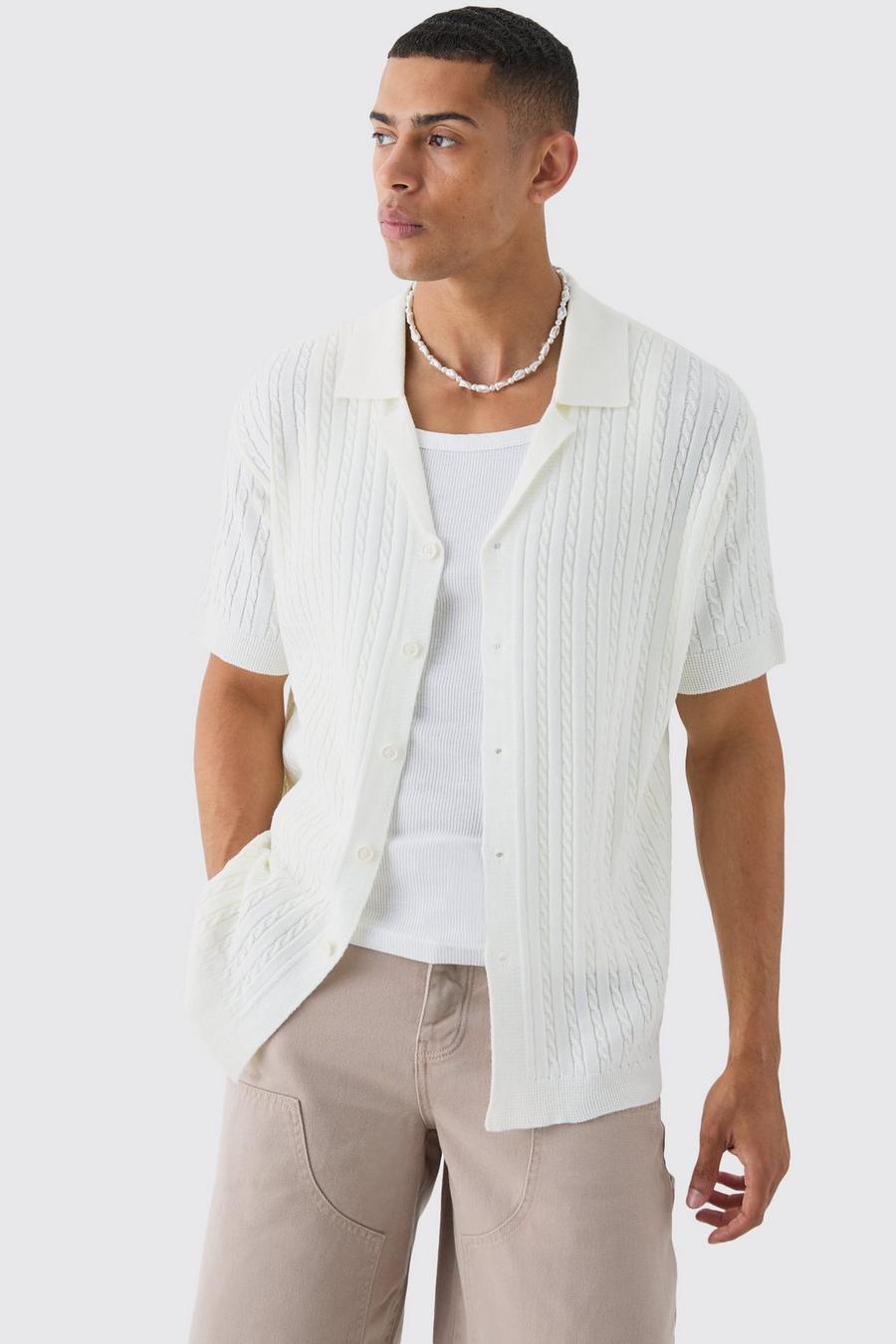 White Short Sleeve Revere Cable Knit Shirt