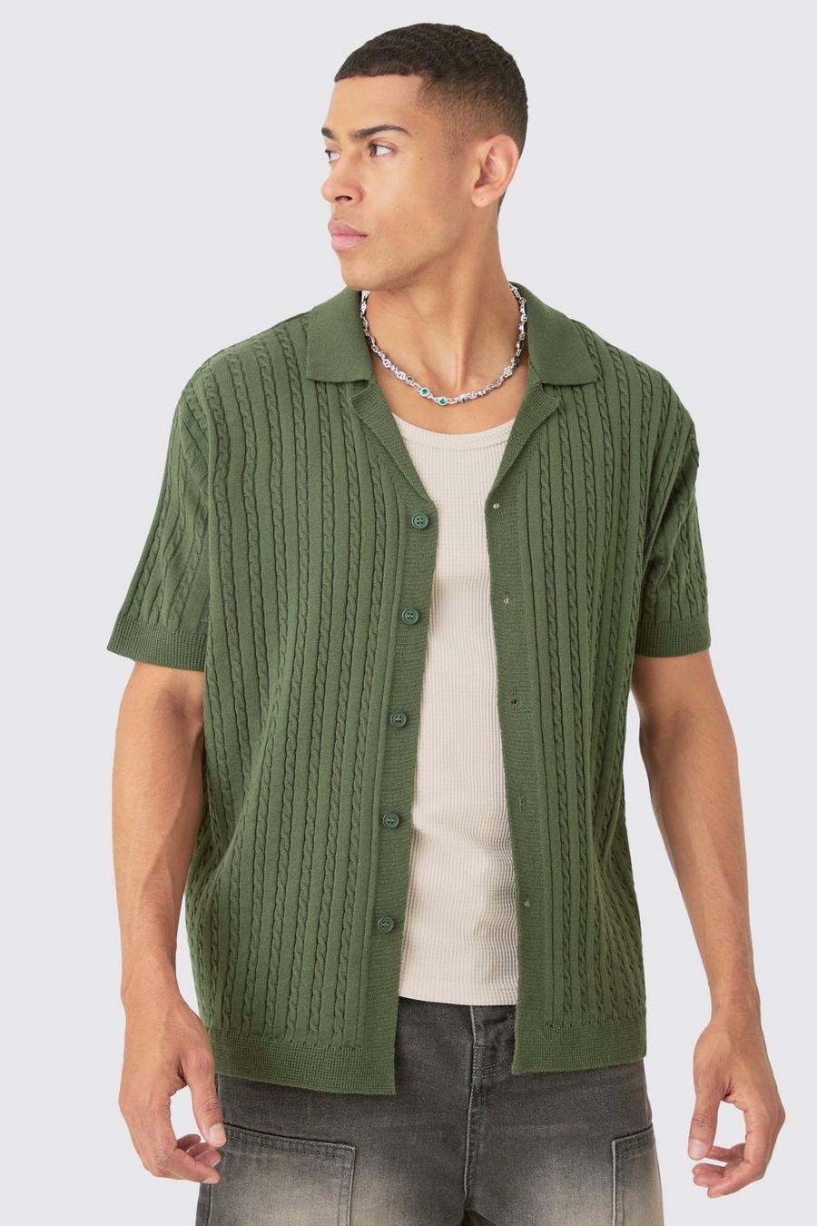 Khaki Short Sleeve Revere Cable Knit Shirt
