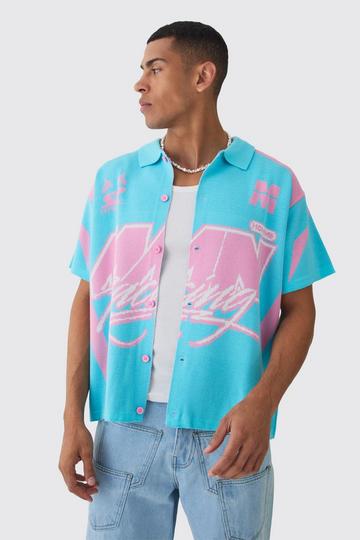 Boxy Oversized Moto Racing Knitted Shirt aqua