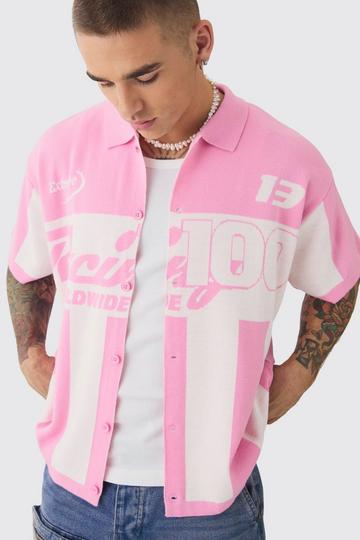 Pink Boxy Oversized Moto Racing Stripe Knitted Shirt