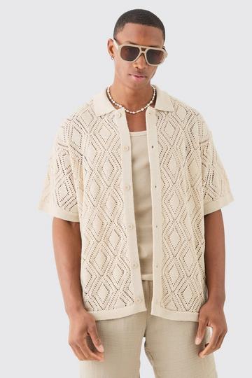 Boxy Oversized Patterned Open Stitch Knitted Shirt stone