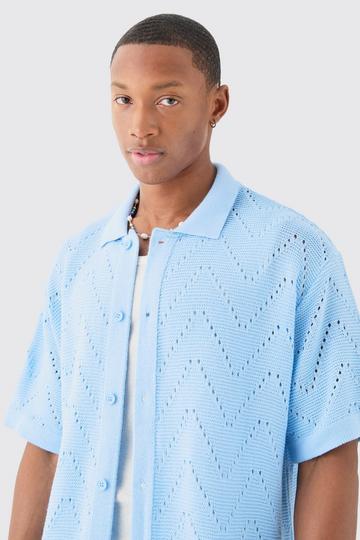 Blue Short Sleeve Boxy Open Stitch Knitted Shirt