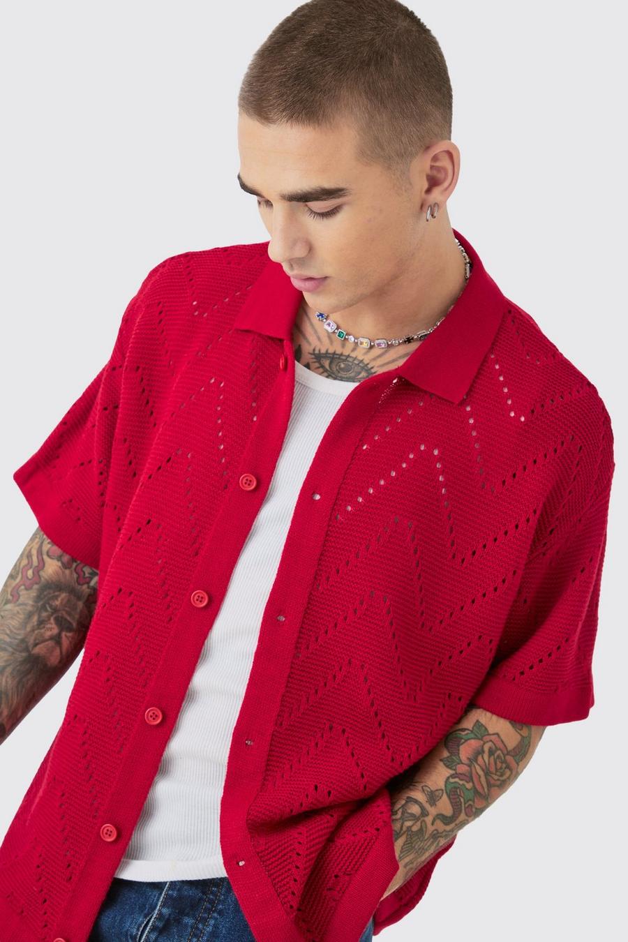 Red Short Sleeve Boxy Open Stitch Knitted Shirt