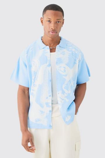 Blue Boxy Oversized Renaissance Drawing Knitted Shirt