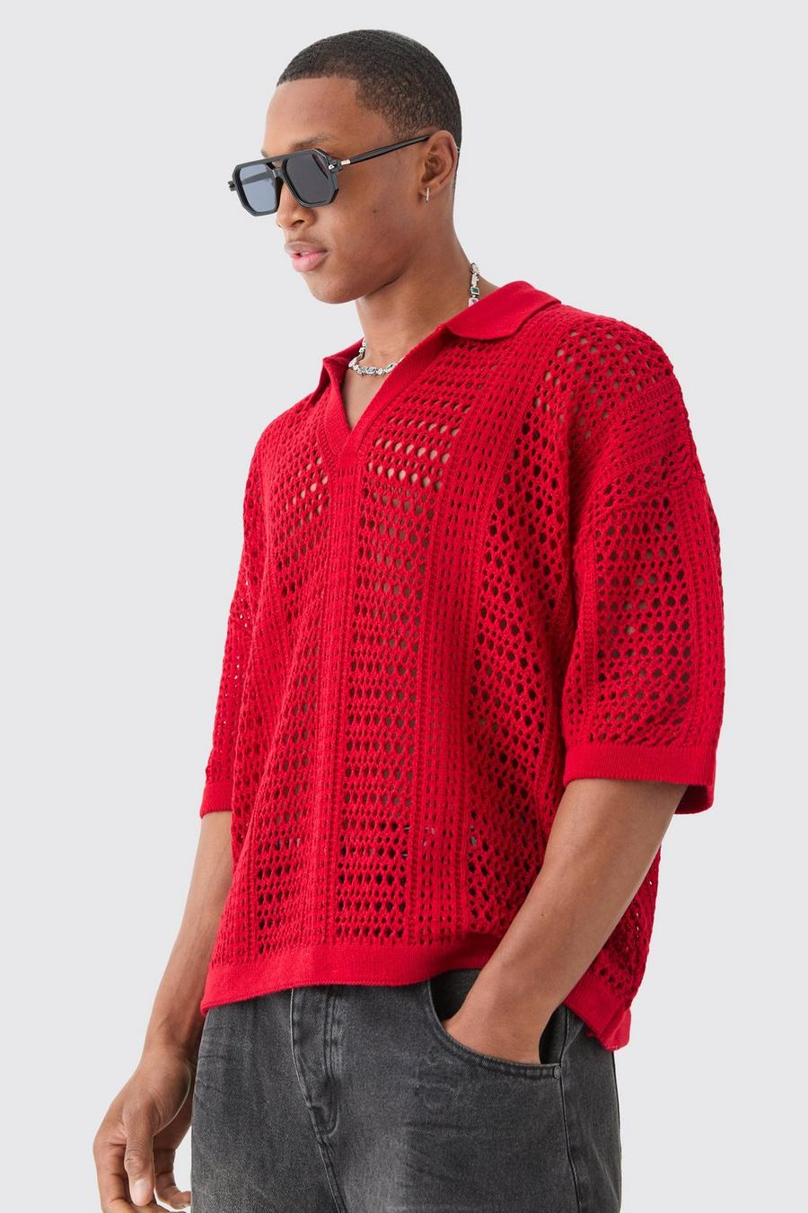 Red Oversized V Neck Open Stitch Knitted Polo