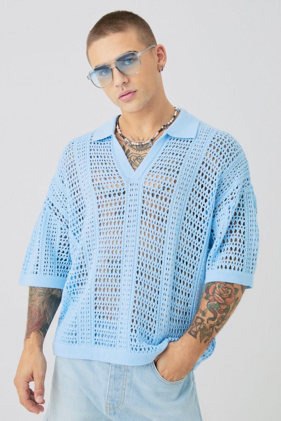 Light blue Oversized V Neck Open Stitch Knitted Polo