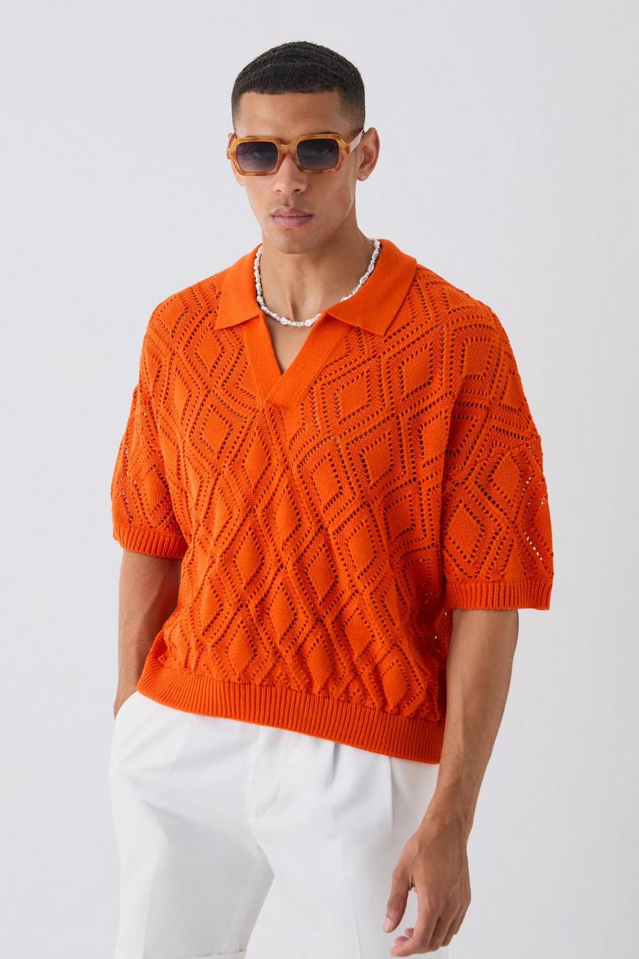 Orange Boxy Oversized Patterned Open Stitch Knitted Polo