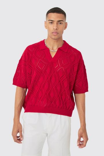 Boxy Oversized Patterned Open Stitch Knitted Polo red