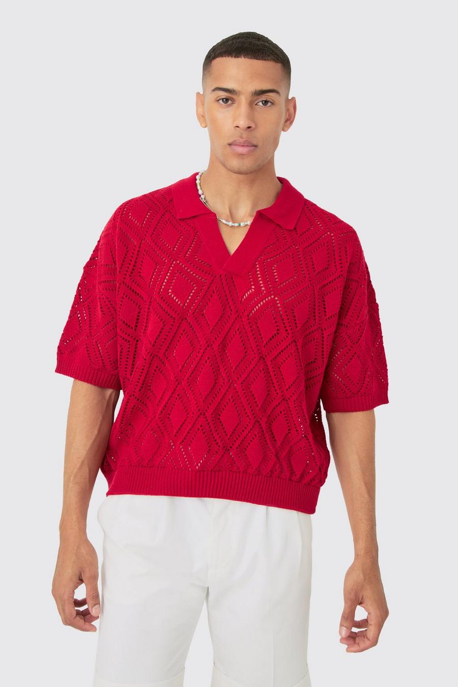 Red Boxy Oversized Patterned Open Stitch Knitted Polo