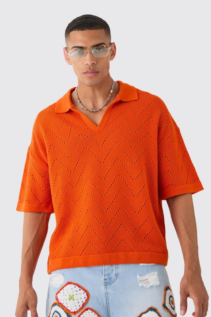 Orange Boxy Oversized Open Stitch Knitted Polo image number 1