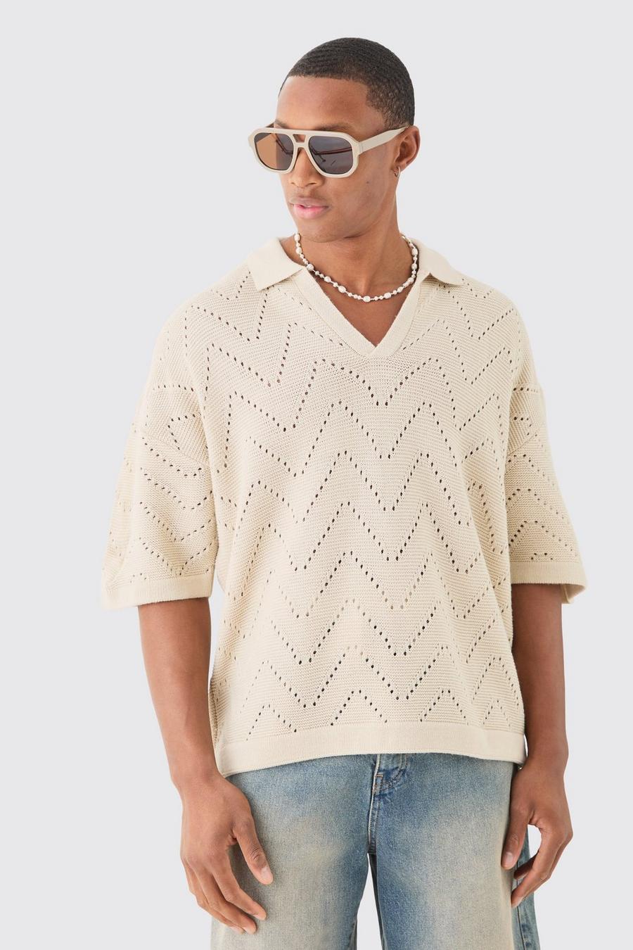 Stone Boxy Oversized Open Stitch Knitted Polo image number 1