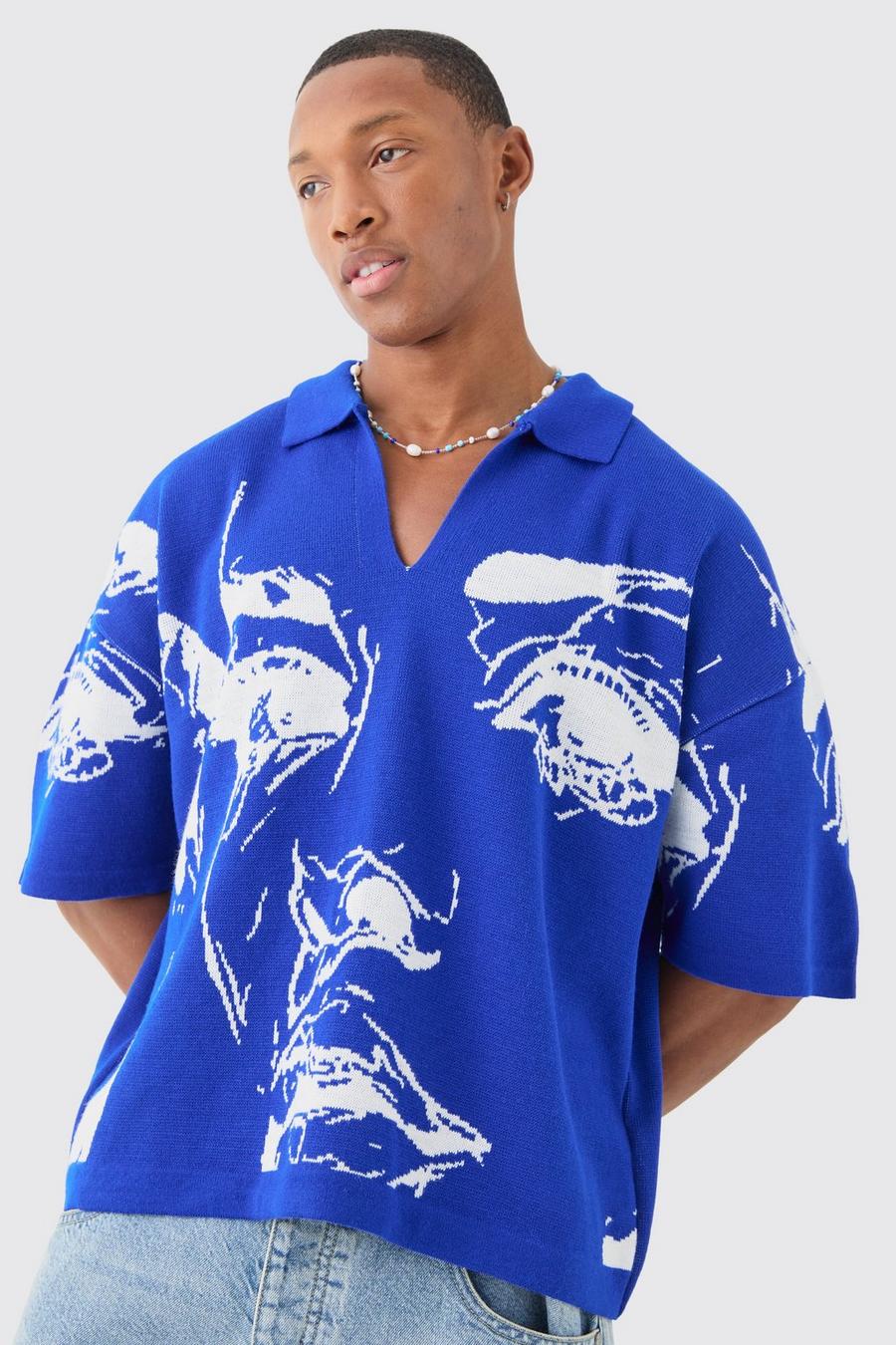 Cobalt Oversized Boxy Line Drawing Knitted Polo image number 1